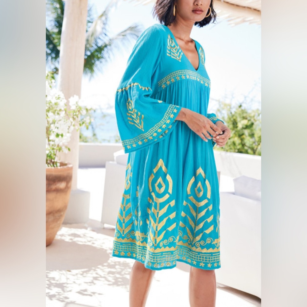 🔵”NWT” SOFT SURROUNDINGS TURQUOISE & GOLD EYE TURNING DRESS